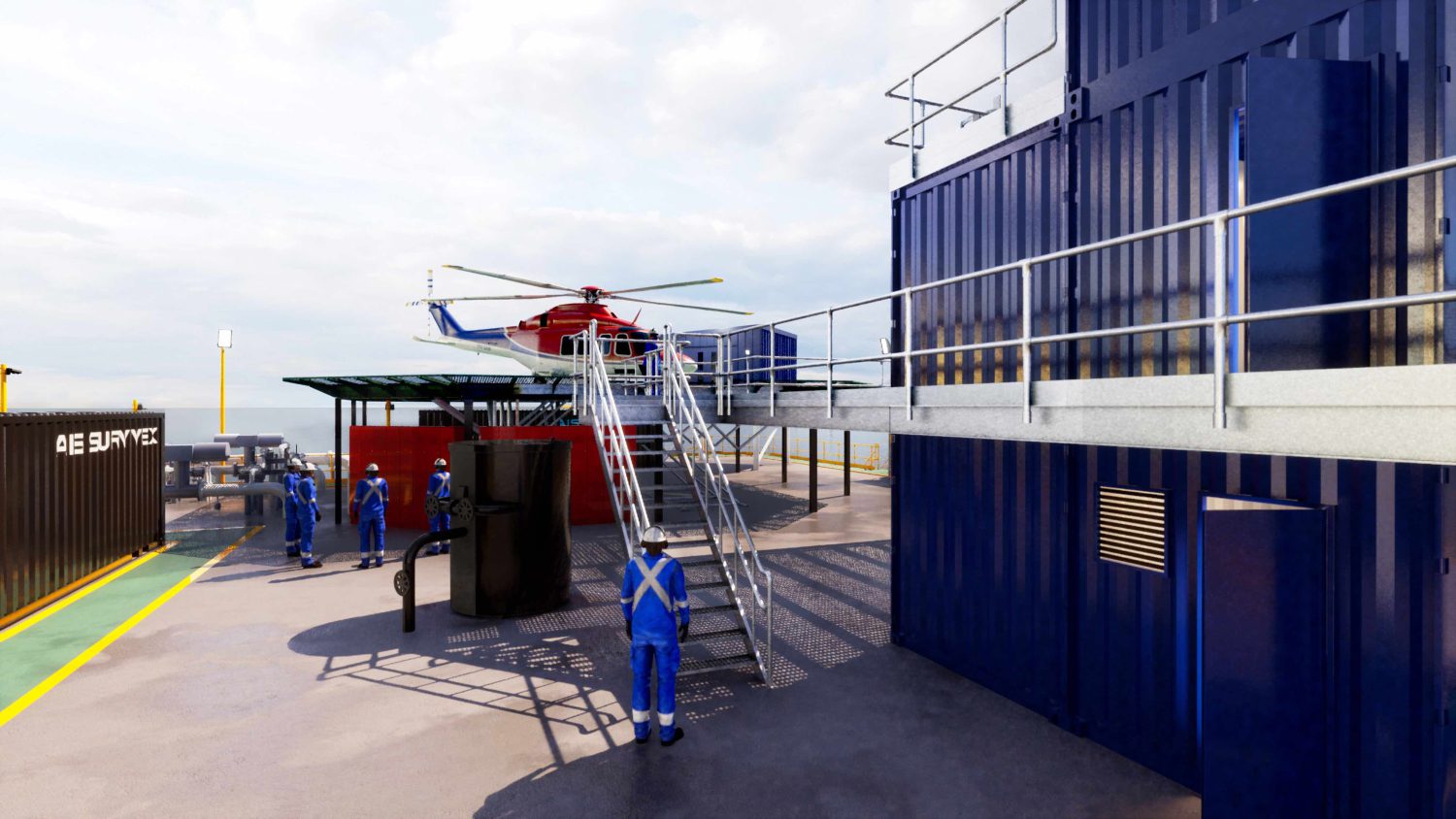 Helicopter on a platform with workers in blue uniforms nearby, situated beside metal containers.