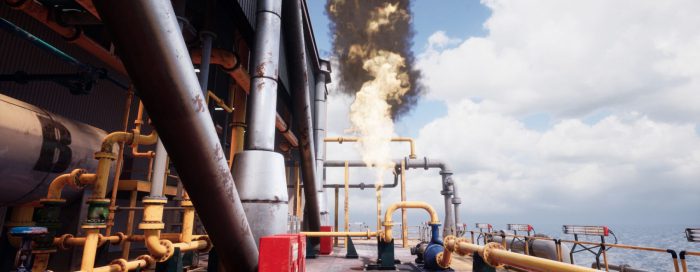 A large industrial facility emitting a significant cloud of black smoke and flames from a pipe structure, surrounded by yellow and silver pipes, under a partly cloudy sky.