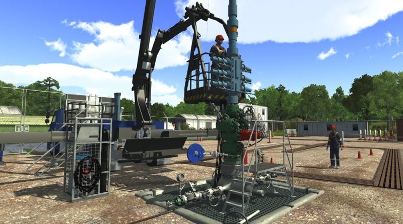 Workers operate machinery at an outdoor industrial site with various equipment and structures, surrounded by trees under a partly cloudy sky.