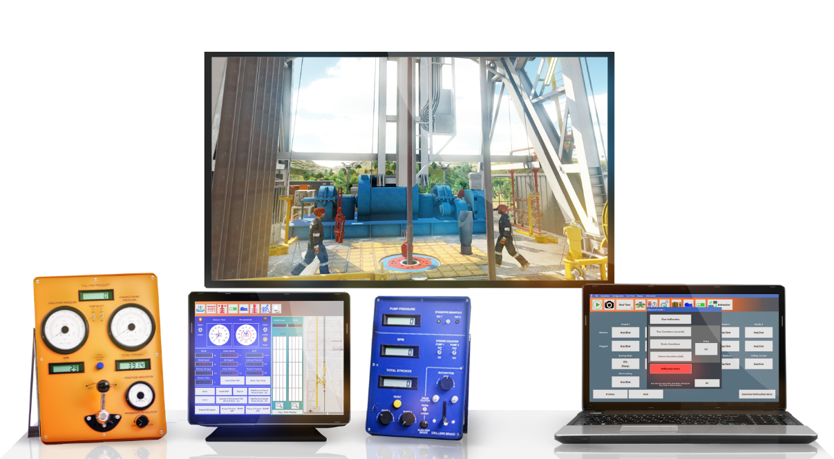 A display screen shows an oil rig operation. In front, various control devices and instruments, including pressure gauges and a laptop with monitoring software, are placed on a surface.