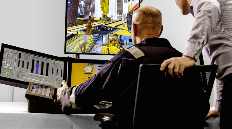 Two individuals in a control room, where one operates multiple monitors displaying various data and a construction scene.