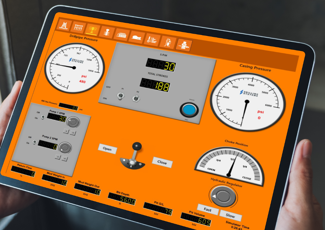 Close-up of a person holding a tablet displaying a control panel with various gauges, dials, and indicators for monitoring and adjusting dropline pressure, casting pressure, and choke position.
