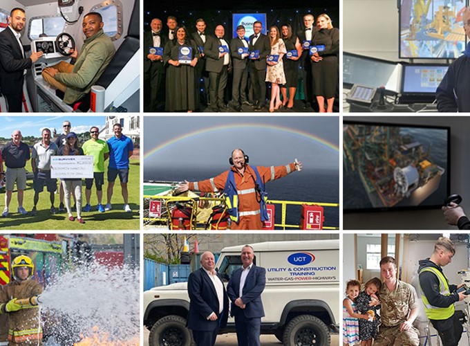 A collage of nine images showing people in various professional and personal settings, including a flight simulator, award ceremonies, firefighting, and outdoor activities.