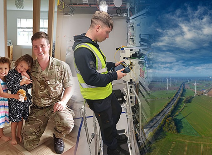 A man in military uniform poses with two children, another man in a high-visibility vest operates equipment, and a landscape with wind turbines is visible.