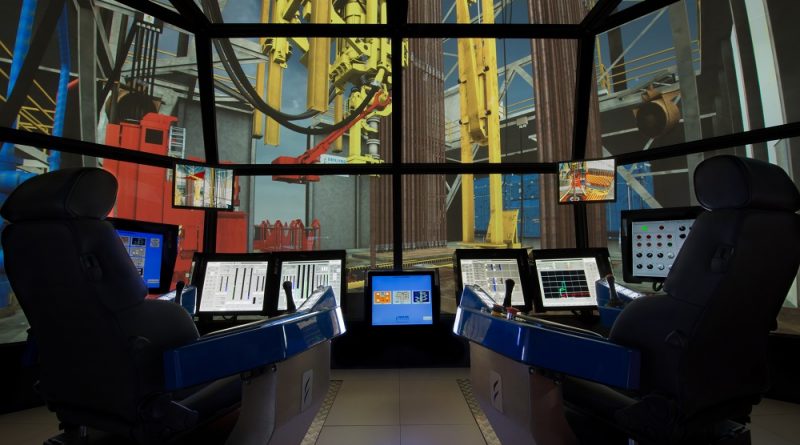A high-tech control room with multiple monitors and screens displaying various data and machinery. Two ergonomic chairs are positioned in front of the equipment.