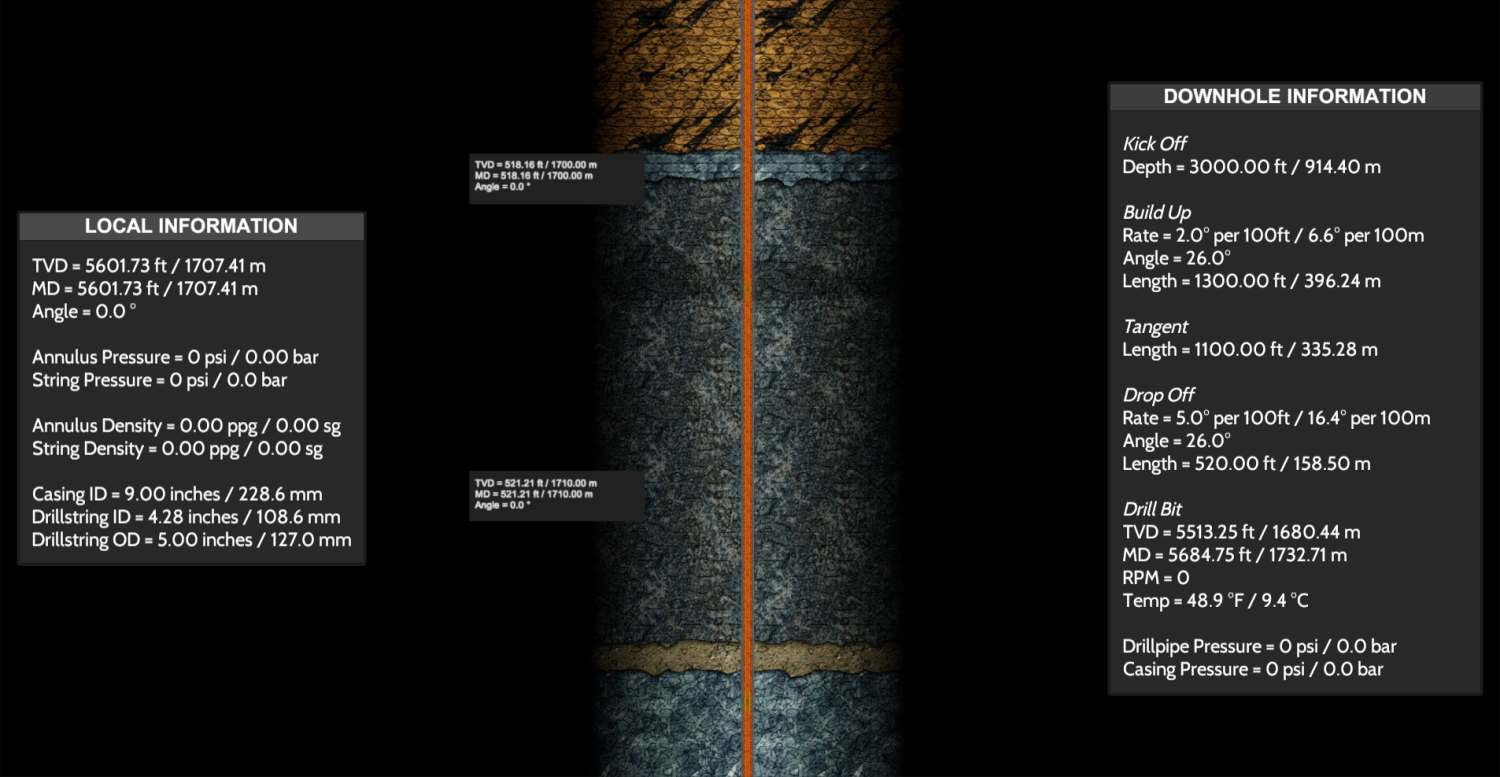 Cross-sectional diagram of a wellbore showing detailed local and downhole information such as total vertical depth (TVD), casing pressures, and drill specifications.