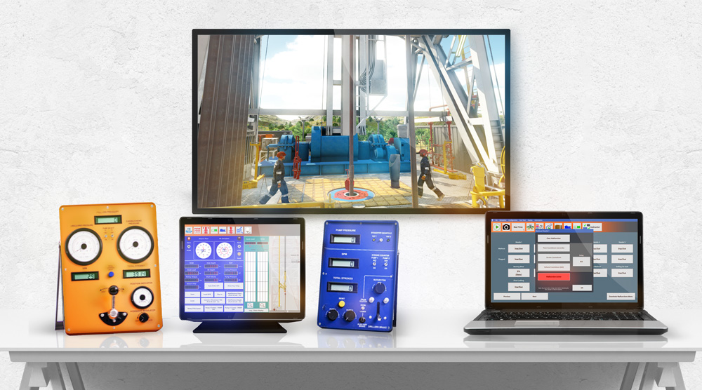A desk displays a monitor showing an industrial scene, alongside an orange device, a tablet with a blue screen, a blue device with knobs, and a laptop with a grid interface.