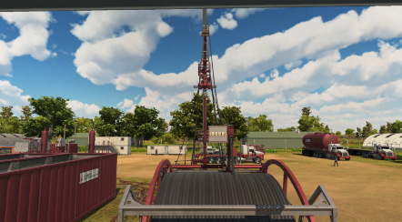 A drilling rig and associated equipment are set up on a grassy field under a partly cloudy sky, with trucks and storage units visible around the site.