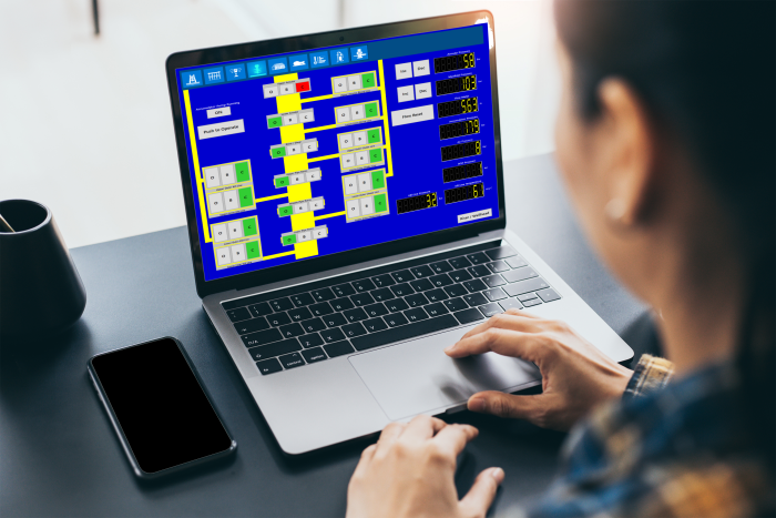 A person uses a laptop displaying a complex blue and yellow flowchart.