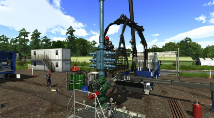 A construction site with workers operating heavy machinery and equipment in an outdoor setting with blue skies and trees in the background.