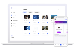 A laptop and smartphone display an interface of an online learning platform, showcasing a library of courses on cybersecurity and related topics.