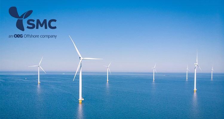 Offshore wind turbines in the ocean under a clear blue sky, with the SMC and OEG Offshore company logos in the top left corner.