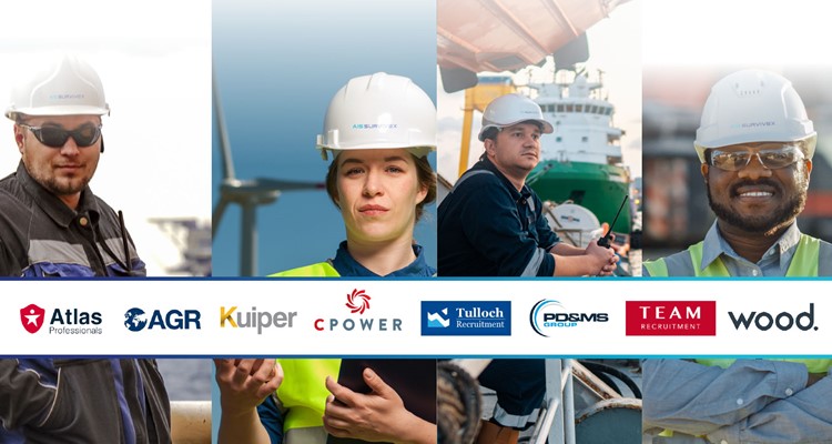 Four workers wearing safety gear are shown in a collage. Below, logos of various companies, including Atlas Professionals, AGR, Kuiper, CPower, Tulloch Recruitment, PDSMS Group, TEAM Recruitment, and Wood.