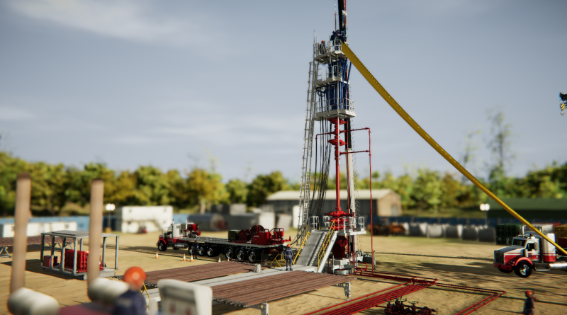 A drilling rig operates in a field with equipment and trucks around, while workers in safety gear manage the site.