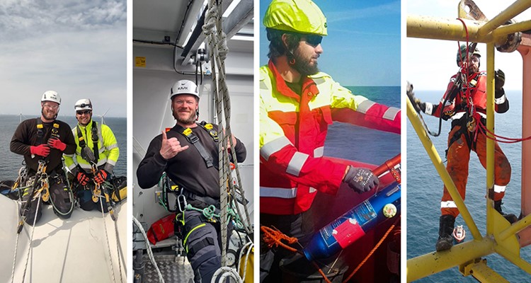Four images show workers in safety gear performing various tasks at height, including maintenance and inspections on wind turbines and marine structures.