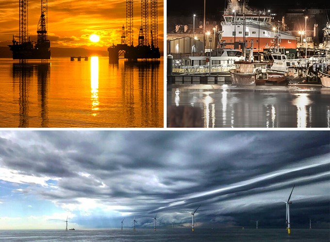Three images depict offshore energy infrastructure: an oil platform at sunset, a dock with ships at night, and offshore wind turbines under a dramatic sky.