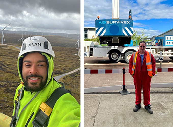 Left: A man in a safety vest and helmet taking a selfie with wind turbines in the background. Right: A man in red coveralls and a high-visibility vest standing next to a parked service vehicle.