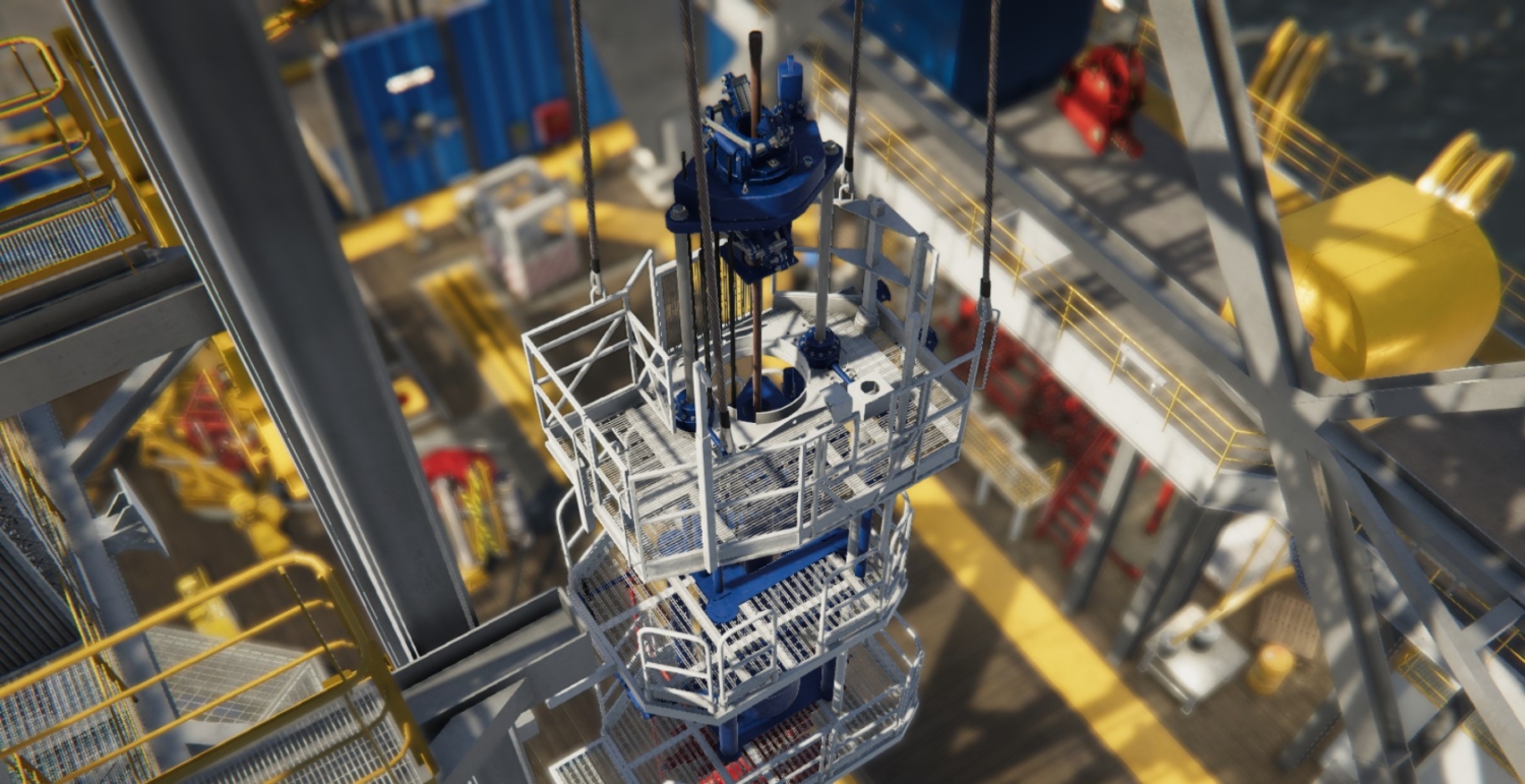 Close-up view of an offshore drilling rig showing machinery, safety barriers, and platforms with railings viewed from an elevated angle.