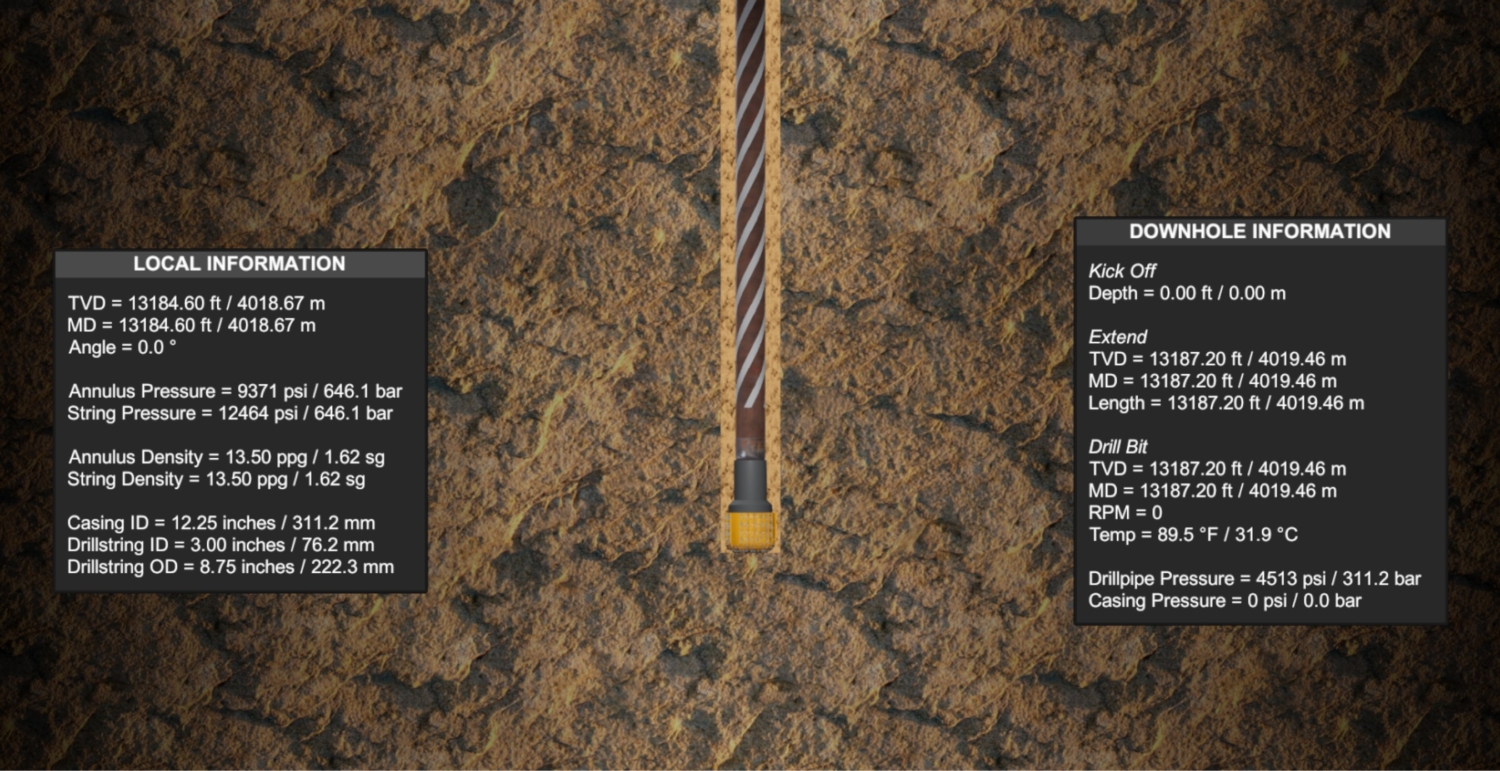 Cross-sectional view of a soil layer shows local and downhole information about drilling, including true vertical depth, mud weight, annulus pressure, and tool details.