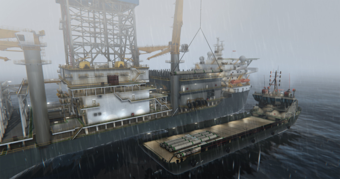 A large offshore oil rig platform in rainy weather, with a supply vessel alongside. A crane is transferring cargo between the rig and the vessel.