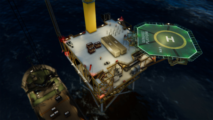 An aerial view of an offshore oil rig platform with a helipad marked 