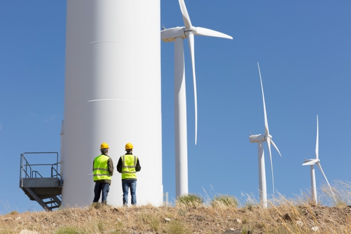 Engineers examining wind turbines on sunny wind farm