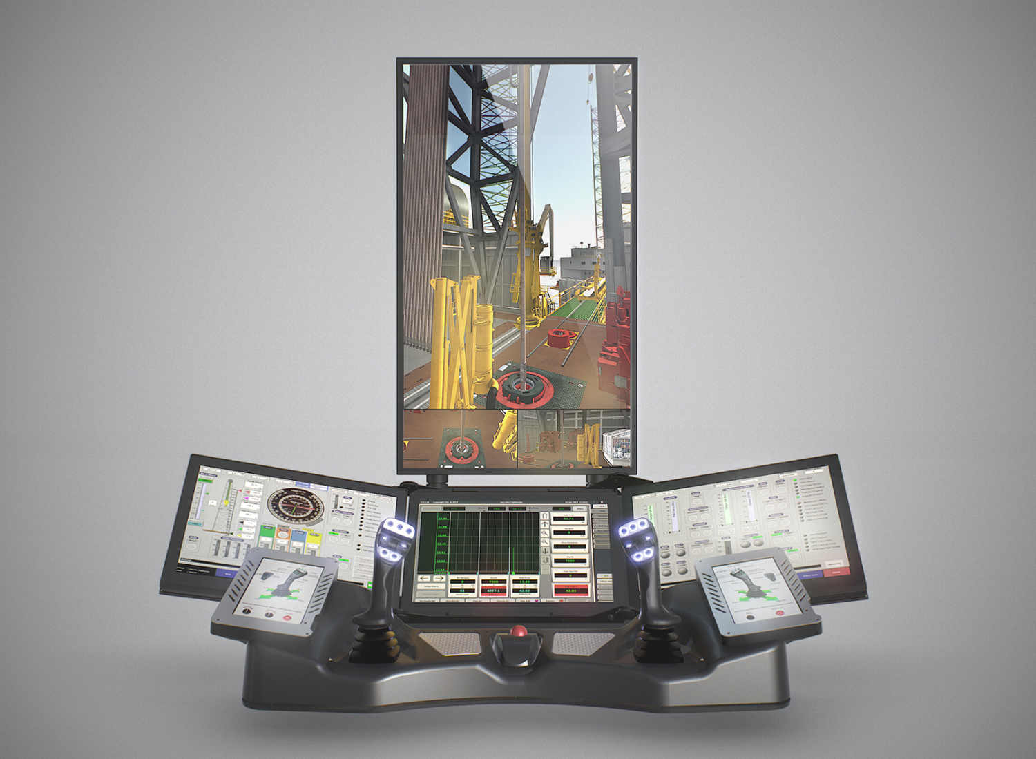 Control console featuring multiple screens and joystick controls, displaying operational data and a central view of an industrial setting with machinery and equipment in the background.