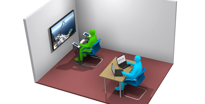 Two color-coded figures using office chairs. The green figure sits at a simulator in front of a screen, and the blue figure works on a laptop and tablet at a desk nearby.
