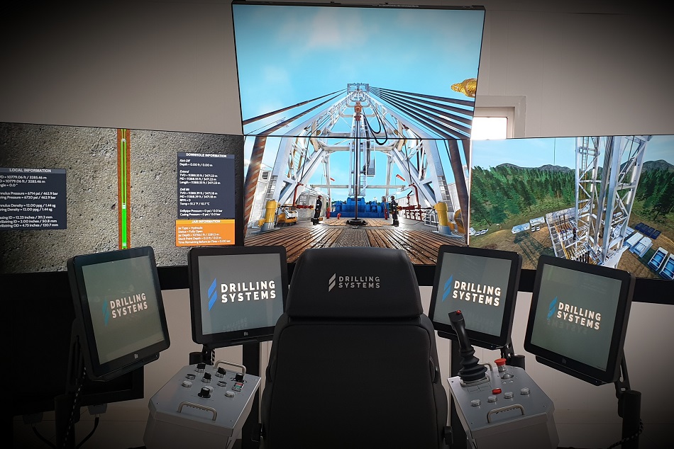 A simulator setup focused on drilling operations, featuring multiple screens displaying various drilling scenarios and control panels labeled 