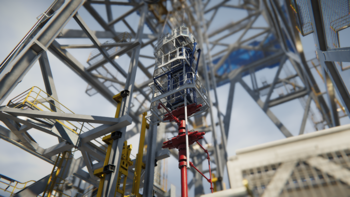 Close-up view of an offshore drilling rig structure with metal framework, platforms, stairs, and industrial equipment under a clear sky.