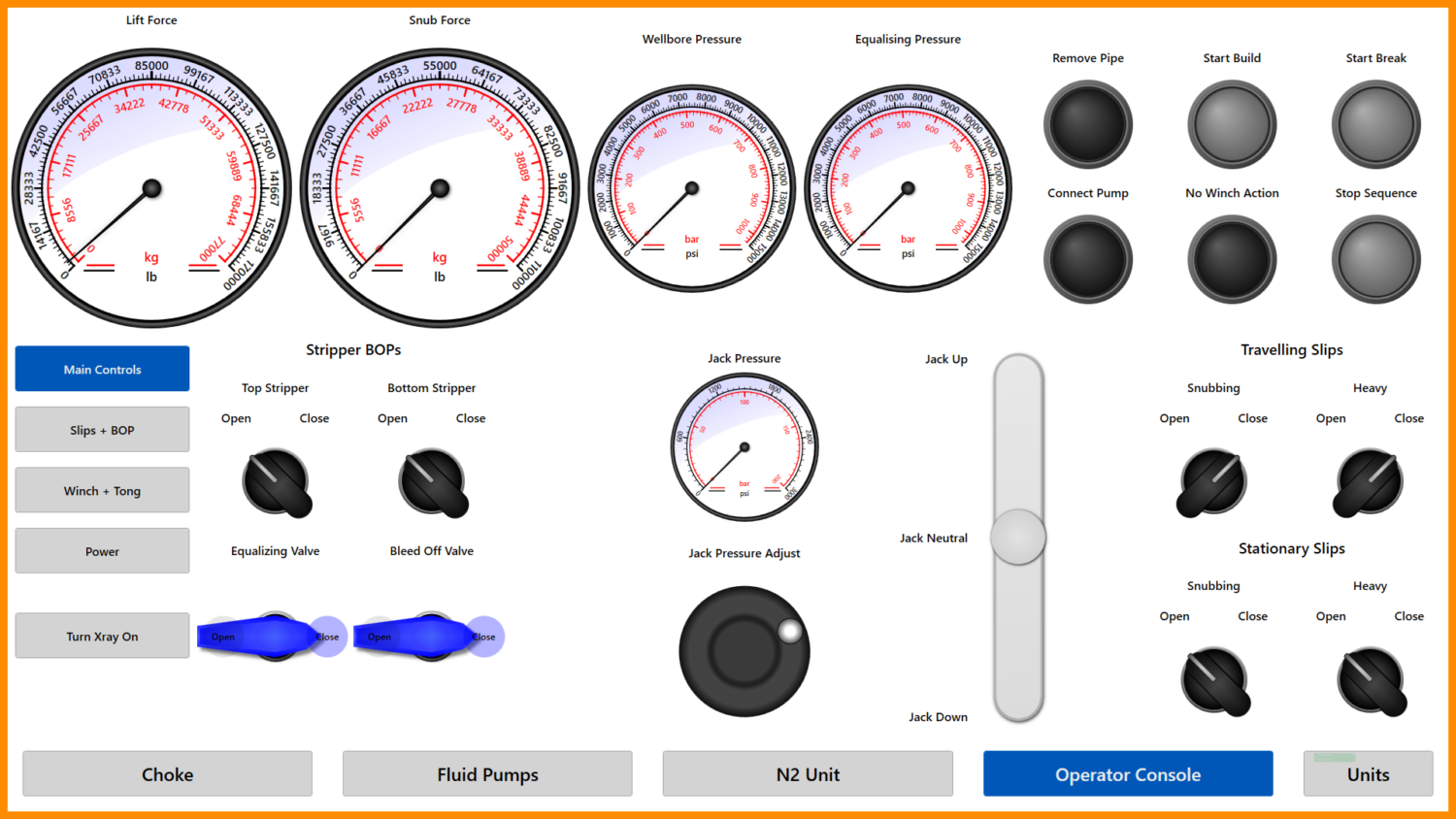 Control panel with various dials, gauges, and buttons, labeled for functions such as lift force, snub force, wellbore pressure, equalizing pressure, and jack pressure. Multiple switches and levers are present.