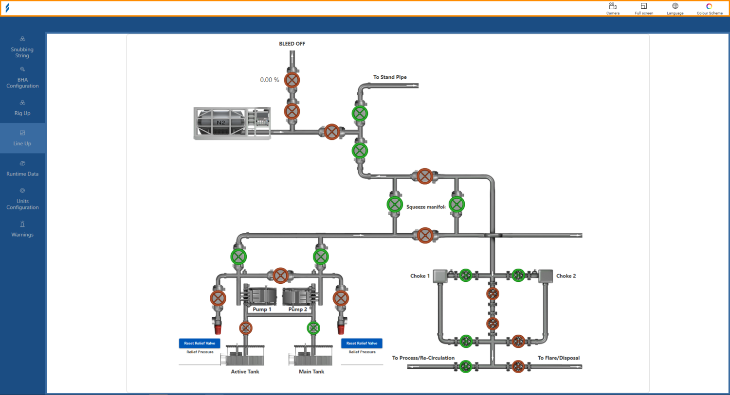 A detailed industrial piping and instrumentation diagram featuring valves, pumps, tanks, and control points, with a sidebar menu for navigation on the left.