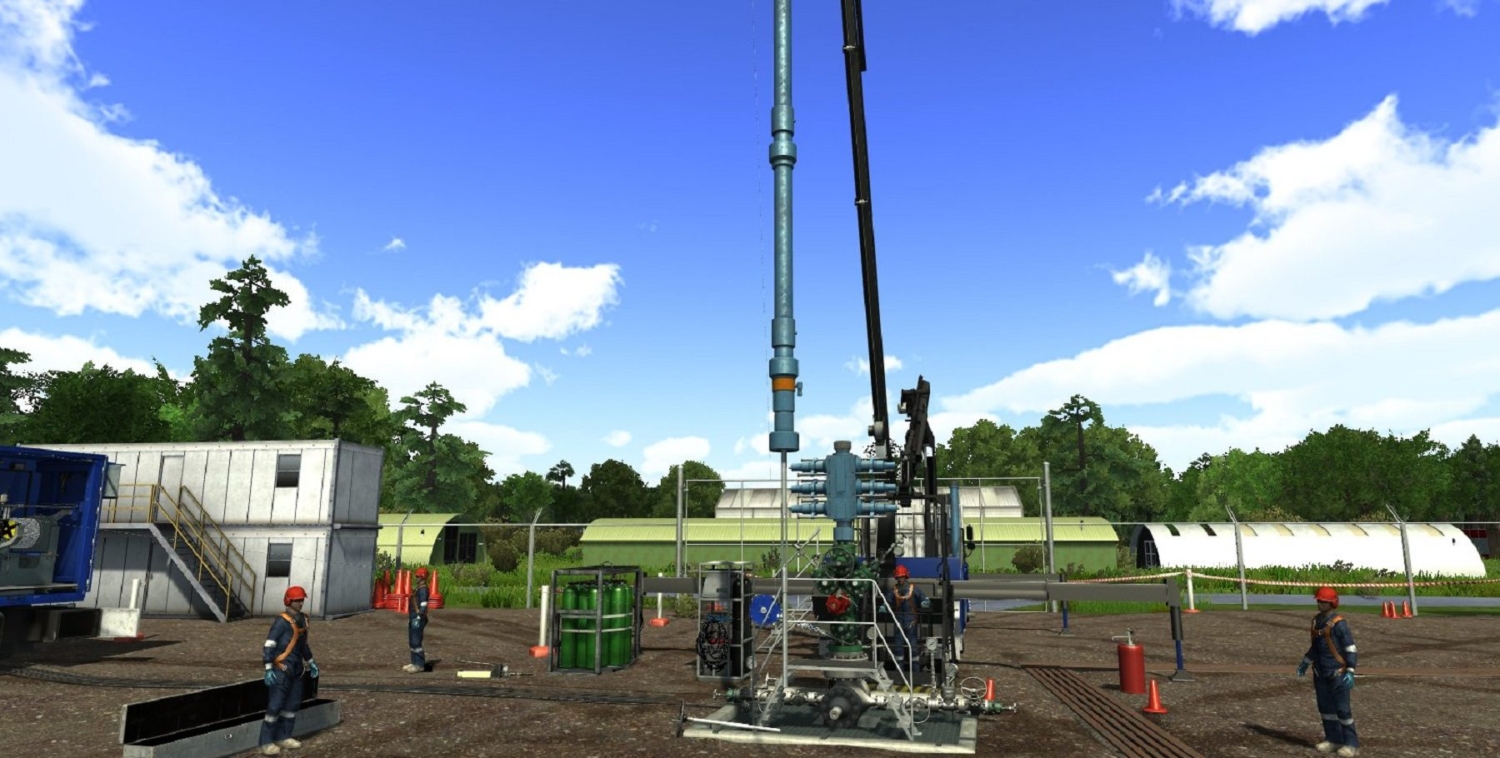 Workers operating machinery at an outdoor industrial site with pipelines and equipment under a bright blue sky.