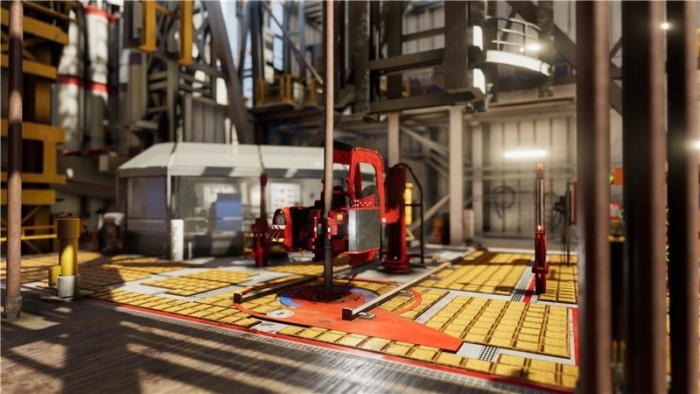 An industrial drilling platform with machinery and equipment, featuring a central red drill on a yellow-tiled surface. It includes supporting structures, a control room, and dedicated training areas for new operators to learn essential skills.